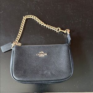 Coach Black Leather Wristlet with Gold Chain